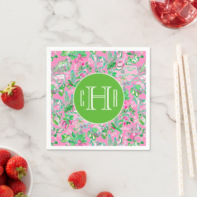 Texas Map Pink & Green Preppy Muster Mit Monogramm Serviette (Beispiel)