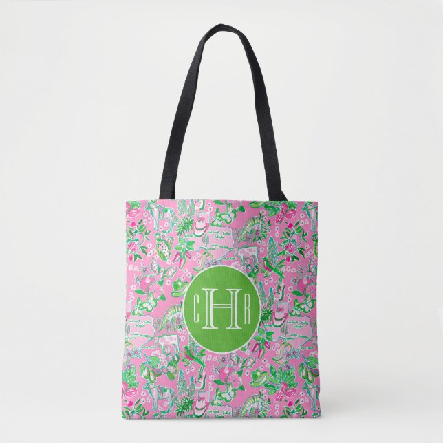 Texas Map Pink & Green Preppy Muster Monogram (Vorderseite)