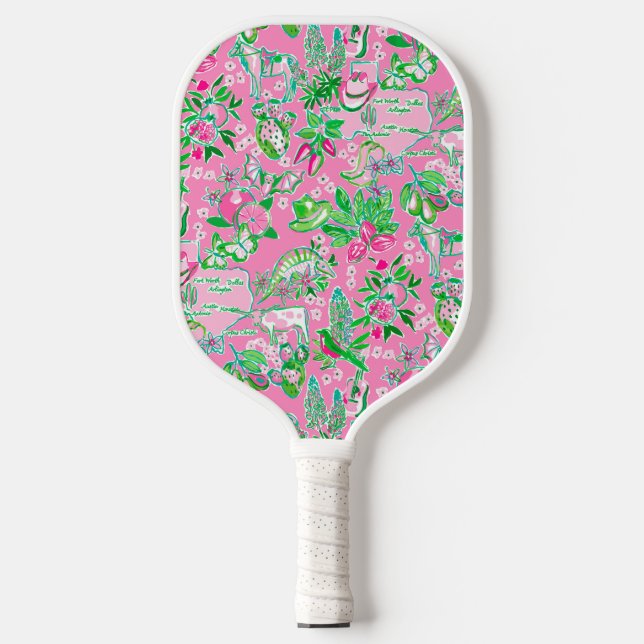 Texas Map Pink & Green Preppy Muster Pickleball Schläger (Vorderseite)