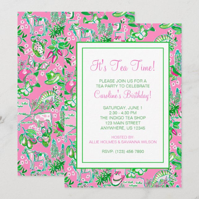 Texas Map Pink & Green Preppy Pattern Party Einladung (Vorne/Hinten)