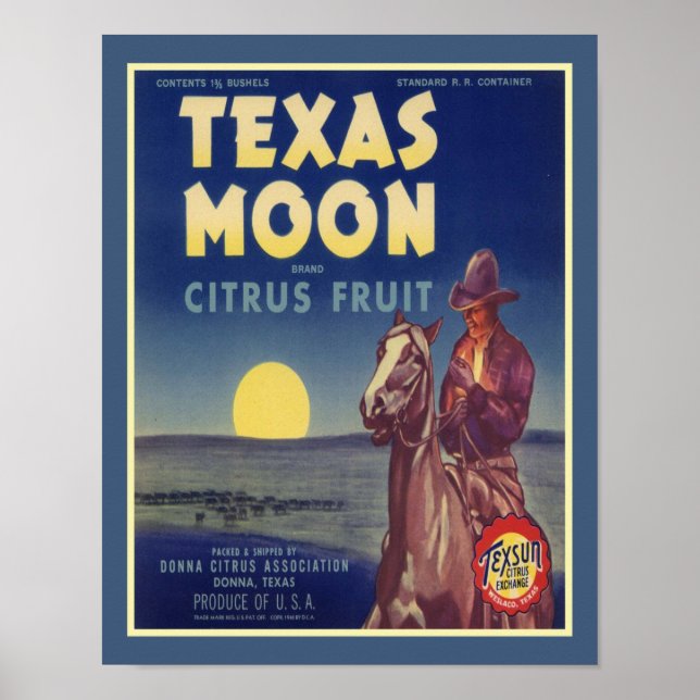 Texas Moon Cowboy Fruit Label der 1950er Jahre Poster (Vorne)