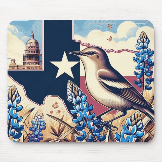 Texas Northern Mockingbird und Bluebonnet Blume Mousepad (Vorne)