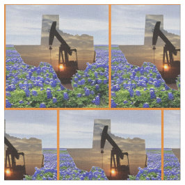 Texas Oil Pump Jack Sunset and Bluebonnets Border Stoff