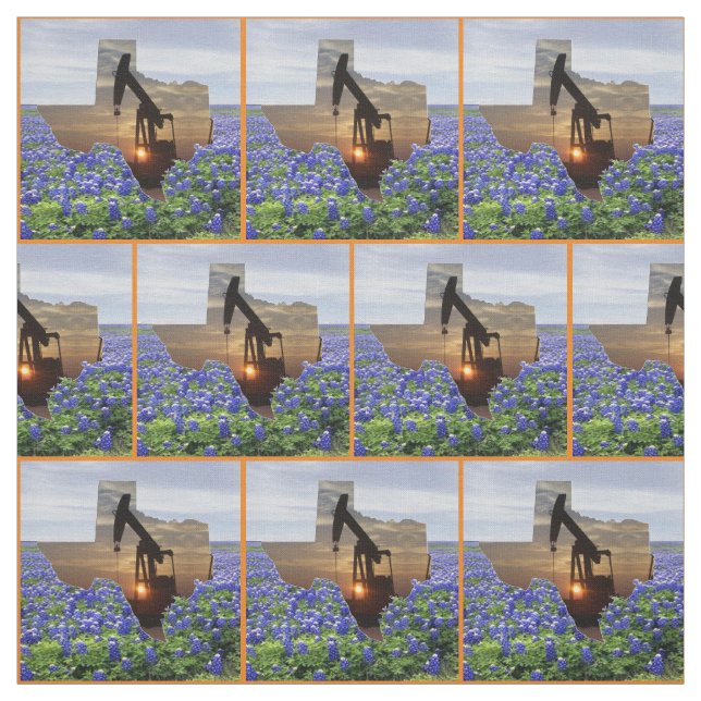 Texas Oil Pump Jack Sunset and Bluebonnets Border Stoff (Muster)