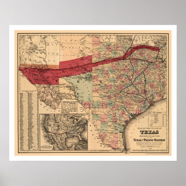 Texas & Pacific Railroad Karte 1873 Poster (Vorne)