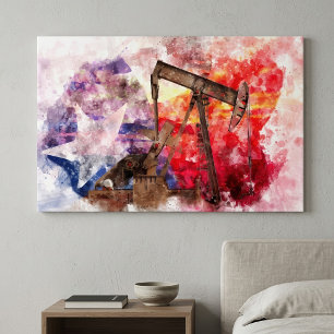 Texas Pumpjack-Aquarell mit Texas-Flaggen-Kunst Leinwanddruck