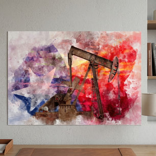 Texas Pumpjack-Aquarell mit Texas-Flaggen-Kunst Poster