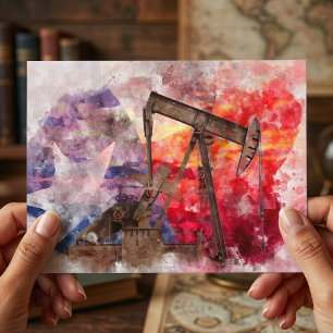 Texas Pumpjack-Aquarell mit Texas-Flaggen-Kunst Postkarte