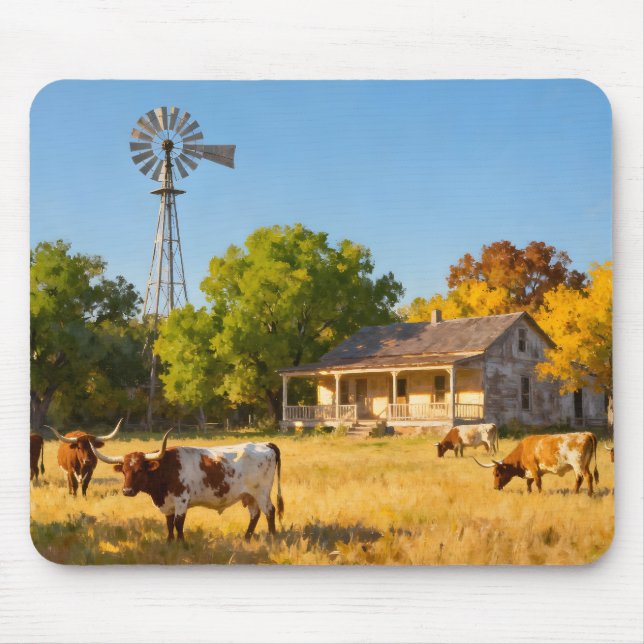 Texas Ranch House in Fall with Longhorns Mousepad (Vorne)