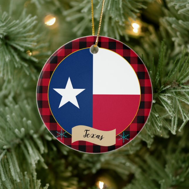 Texas, Red Buffalo kariert & Texas Flag, USA Keramik Ornament (Baum)