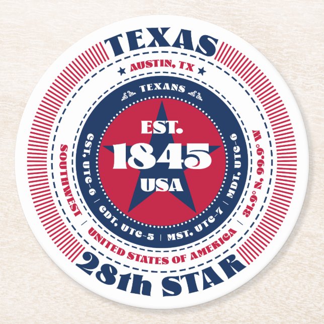 Texas Red White Blue Typografie Runder Pappuntersetzer (Vorderseite)