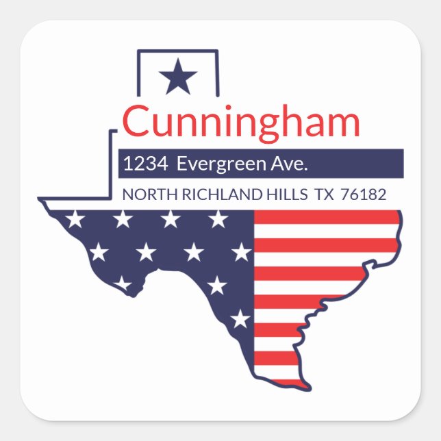 Texas Rücksendeadresse Patriotische US Flagge Quadratischer Aufkleber (Vorderseite)