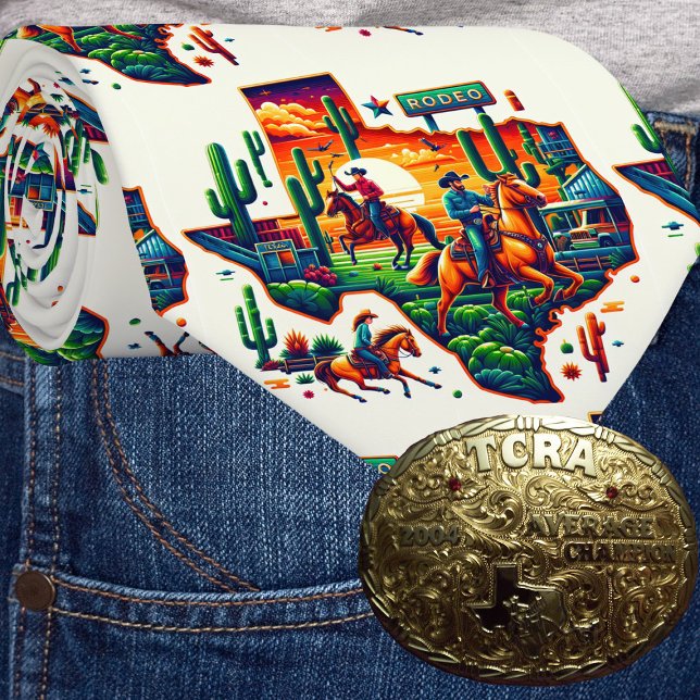 Texas Shape Cowboy Cowgirl Cactus Rodeo Sign Krawatte (Texas themed western necktie with cowboys, cowgirls, Texas landscape and a Rodeo sign.)