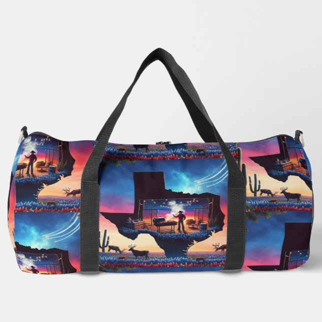 Texas Shape GRILLEN Pit Cowboy Deer Sunset Duffle Bag (Vorderseite)