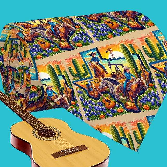 Texas Shape Oil Pump Cowboy Cowgirl Horse Guitar Krawatte (Texas necktie with cowboy, cowgirl, horses, oil pump, guitars and bluebonnets.)