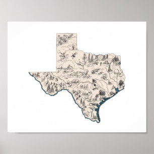 Texas Shaped Texan Lone Star Vintag Picture Map Poster