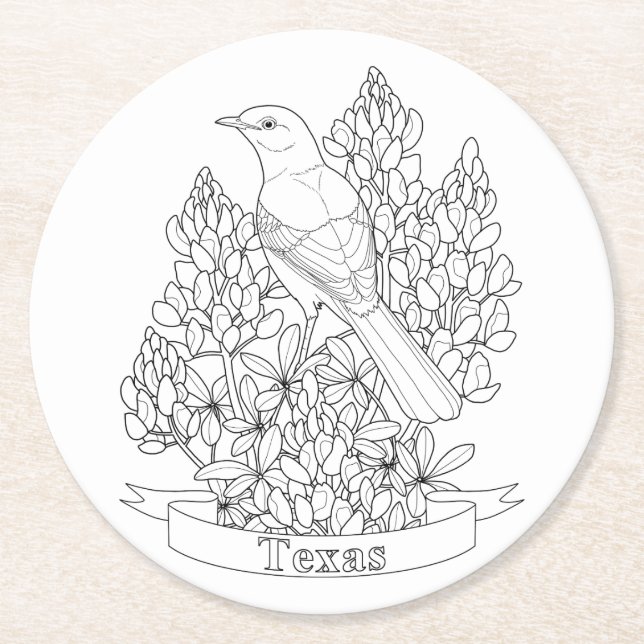Texas Staat Bird & Blume Farbseite Runder Pappuntersetzer (Vorderseite)