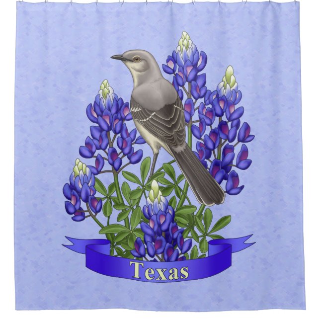 Texas Staat Mockingbird & Bluebonnet Blume Duschvorhang (Vorderseite)