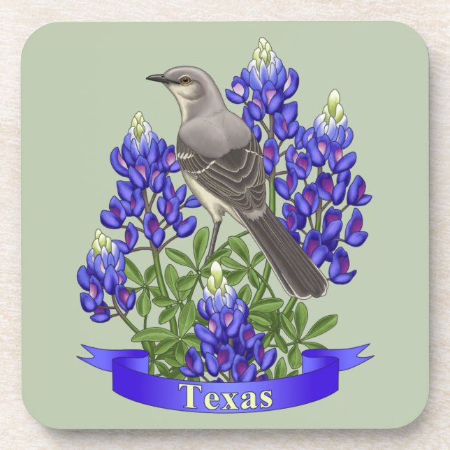 Texas Staat Mockingbird & Bluebonnet Blume Getränkeuntersetzer (Vorderseite)