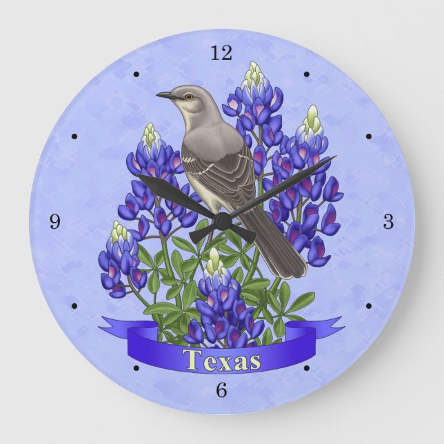 Texas Staat Mockingbird & Bluebonnet Blume Große Wanduhr (Vorderseite)