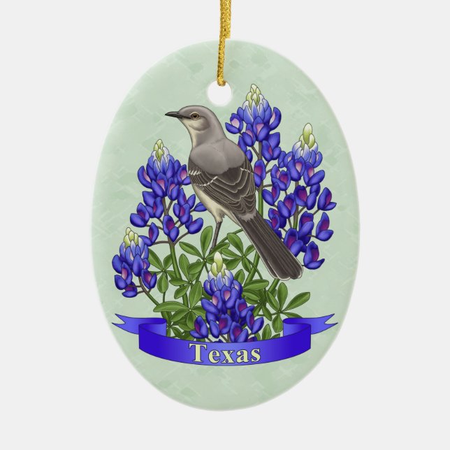 Texas Staat Mockingbird & Bluebonnet Blume Keramikornament (Vorne)