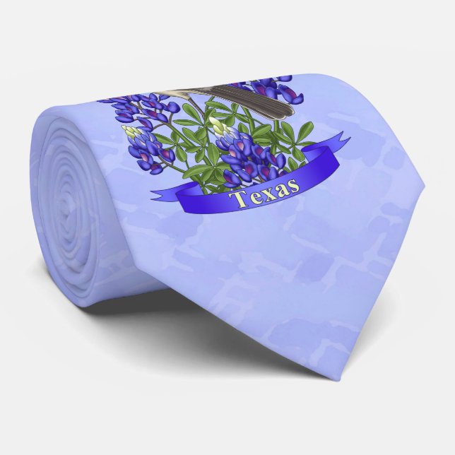Texas Staat Mockingbird & Bluebonnet Blume Krawatte (Gerollt)