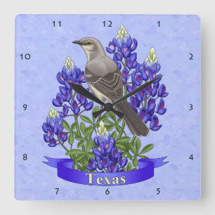 Texas Staat Mockingbird & Bluebonnet Blume Quadratische Wanduhr