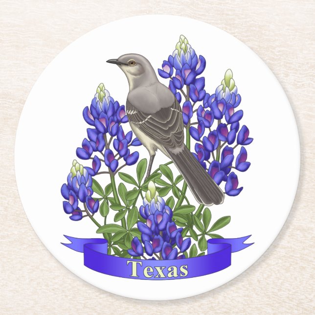 Texas Staat Mockingbird & Bluebonnet Blume Runder Pappuntersetzer (Vorderseite)