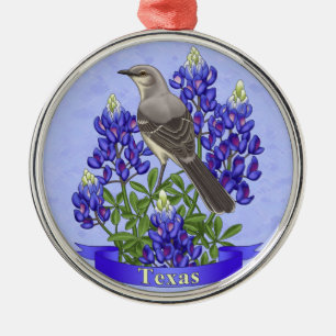 Texas Staat Mockingbird & Bluebonnet Blume Silbernes Ornament
