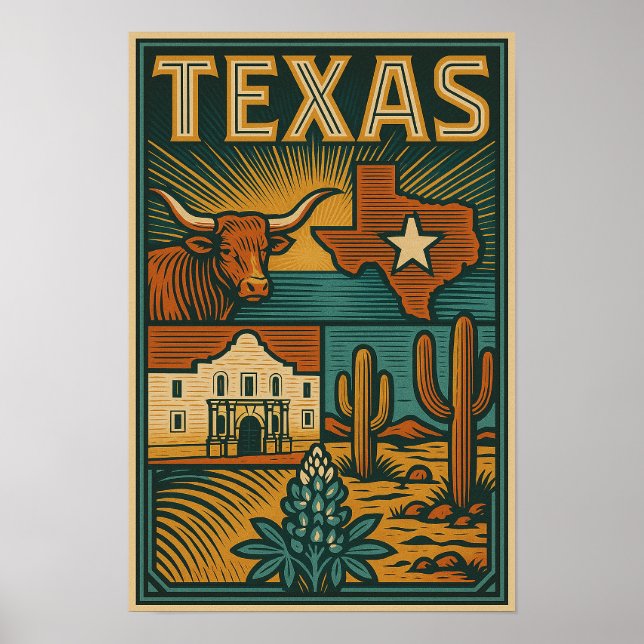 Texas Staat Poster - Vintag Inspirierte Wall Art (Vorne)