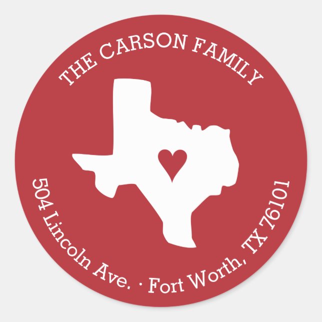 Texas Staat Rücksendeadresse mit Herz auf Stadt Runder Aufkleber (Vorderseite)