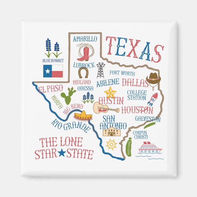Texas Staat Sehenswürdigkeiten Illustration Magnet (Vorne)