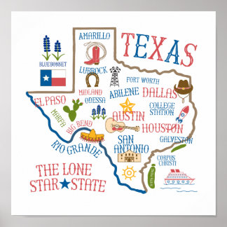 Texas Staat Sehenswürdigkeiten Illustration Poster