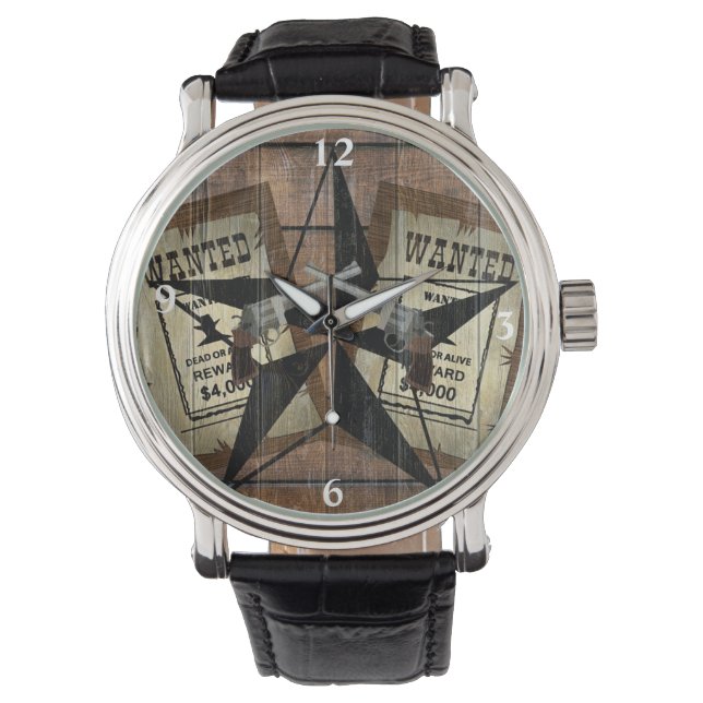 Texas Star Western Duale Pistolen Gewollt Zeichen Armbanduhr (Vorderseite)