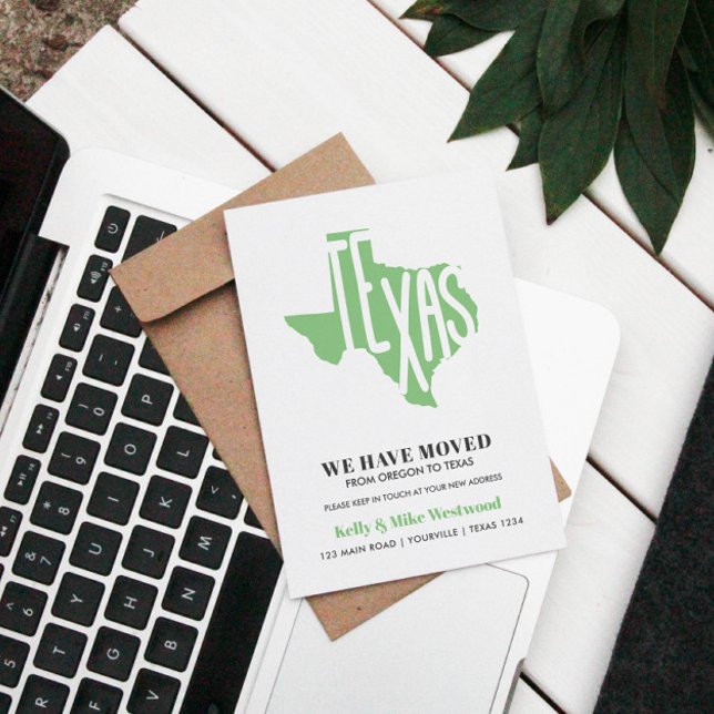 TEXAS Wir haben neue Adresse Neue Zuhause Postkart Postkarte (RELOCATION OR MOVING TO TEXAS ANNOUNCEMENT POST CARD WITH USA STATE SILHOUETTE IN EDITABLE COLOR)