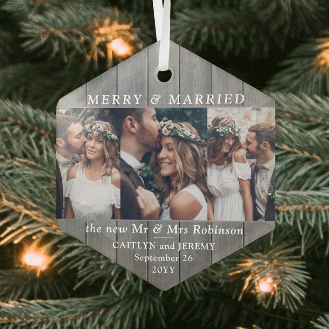 Text 3 Foto Merry & Verheiratet Gray Imitate Holz Ornament Aus Glas (Von Creator hochgeladen)