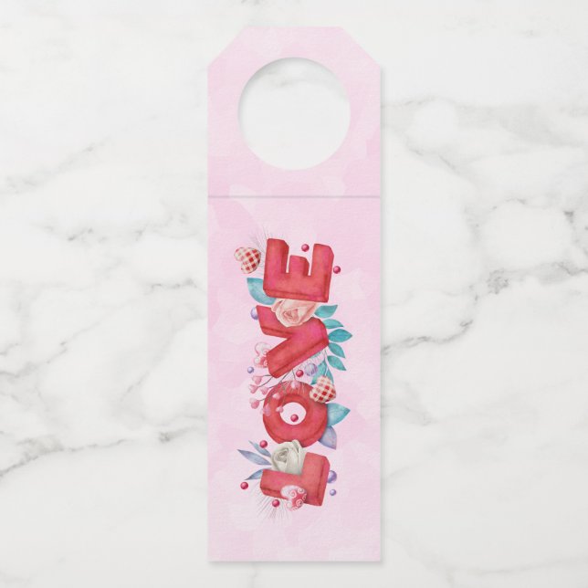 Text der roten Liebe in fett formatierten Blockbuc Flaschenanhänger (Vorderseite)