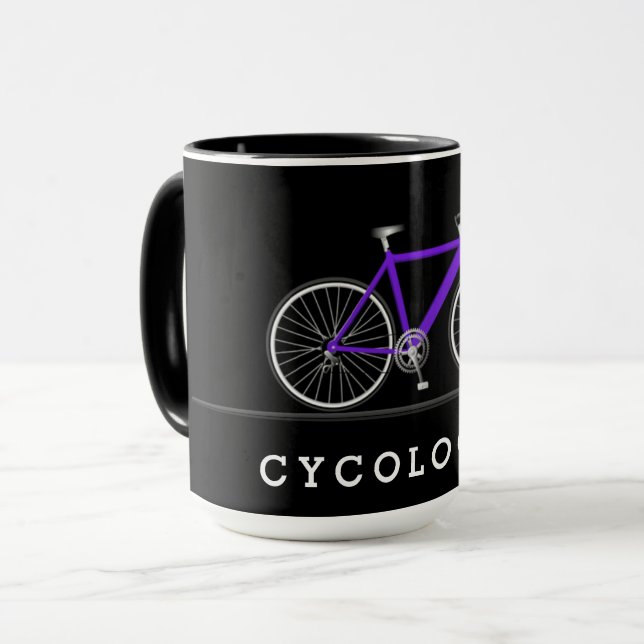 Text des Radfahrers mit lila Fahrrad Tasse (Vorderseite Links)