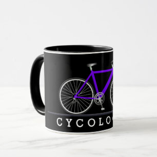 Text des Radfahrers mit lila Fahrrad Tasse