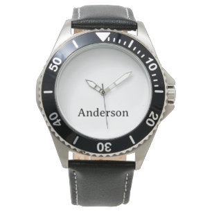 Text ersetzen Herren Edelstahl schwarzes Leder Armbanduhr