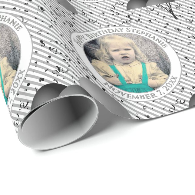 Text .Foto Graue/weiße Streifen Geschenkpapier (Rolleneckpunkt)