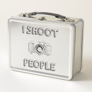 Text-Foto-Kameraphotograph der Triebleute lustiger Metall Lunch Box