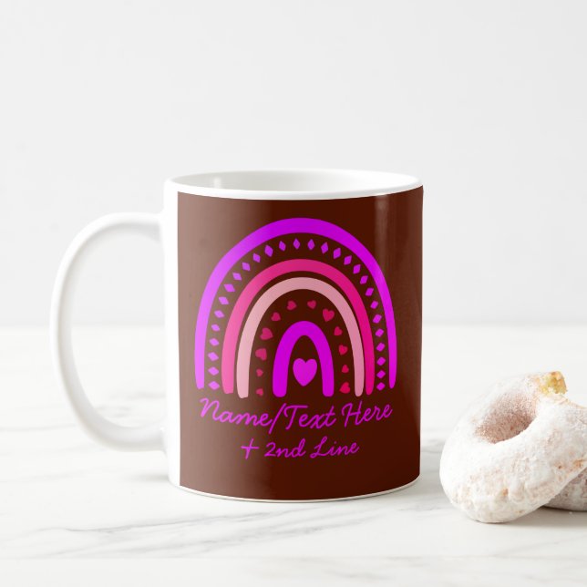 Text hinzufügen Name Boho Regenbogen Herz rosa bra Kaffeetasse (Mit Donut)