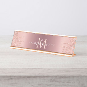 Text-Rose für Monogramm: Farbblindfarbiger Glitzer Schreibtischnamensplakette