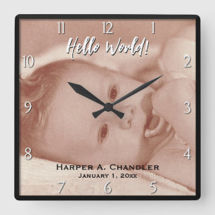 Text- und Baby-Foto-Frame-Vorlage Quadratische Wanduhr