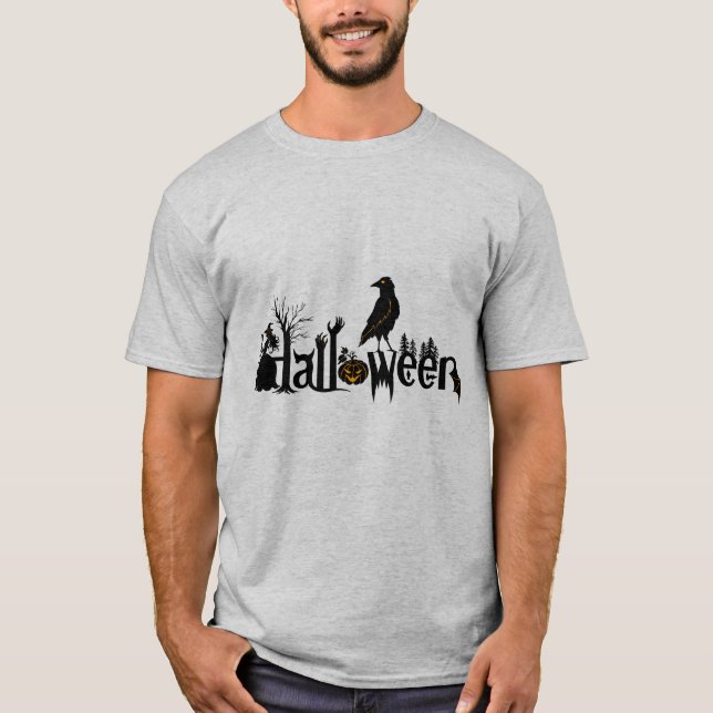 Text- und Schwarzweißkeil-Halloween-Illustration T-Shirt (Vorderseite)