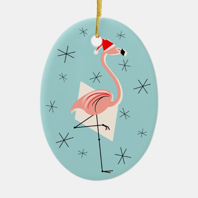 Text-Verzierungsoval Flamingo-Sankt blaues Keramik Ornament (Vorne)