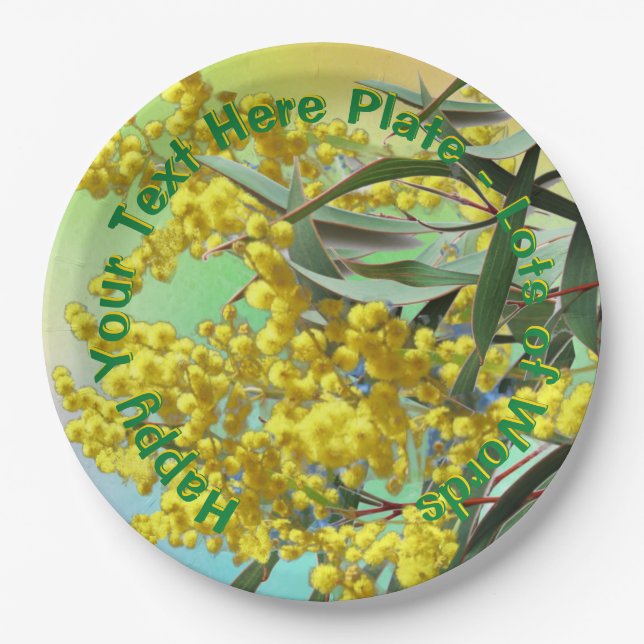 Text Wattle & Gum Blätter Aussie 9" hinzufügen Pappteller (Vorderseite)