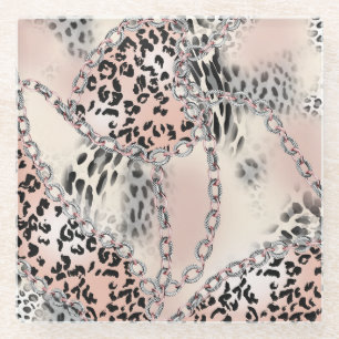 Textil-Leopard: Florales Kettenmuster. Glasuntersetzer