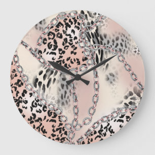 Textil-Leopard: Florales Kettenmuster. Große Wanduhr